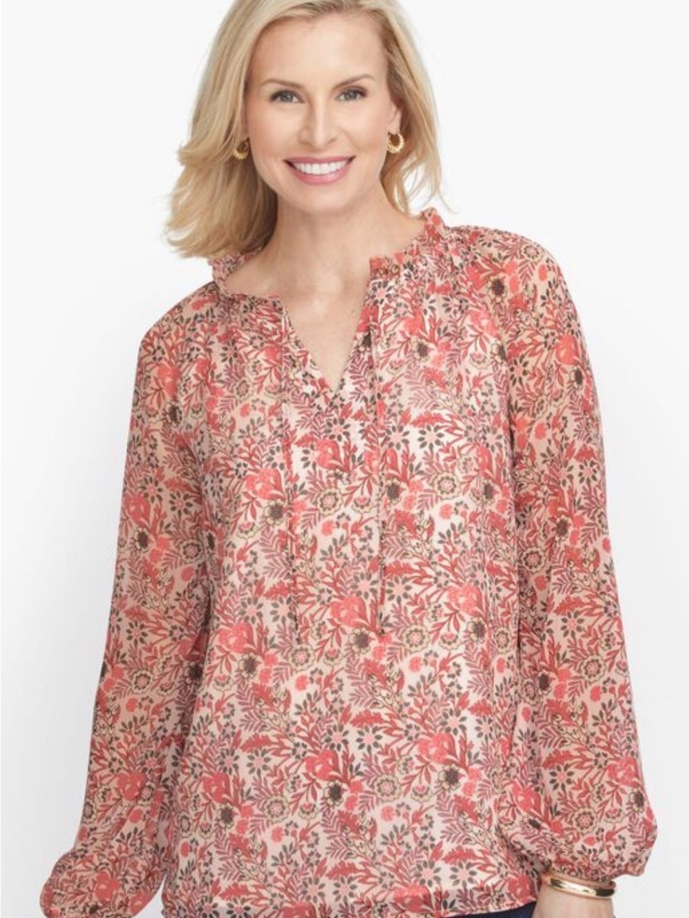 Floral Split-Neck Long Sleeve Blouse in Coral Pink-by Talbots